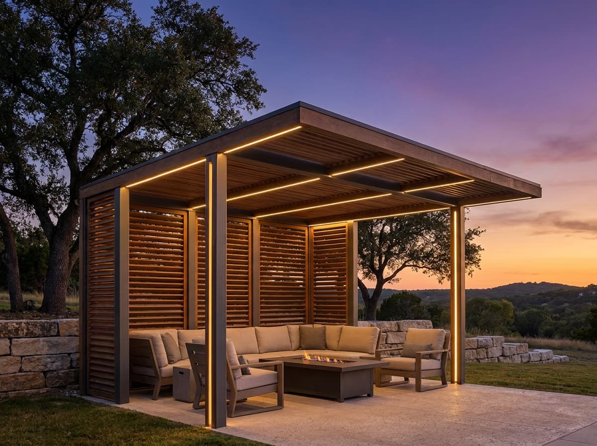CabanaX freestanding outdoor room lit warmly at dusk