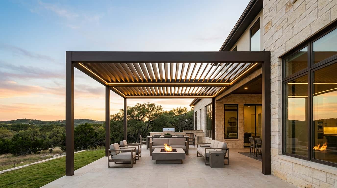 StruXure louvered pergola glowing at dusk over a limestone Hill Country home