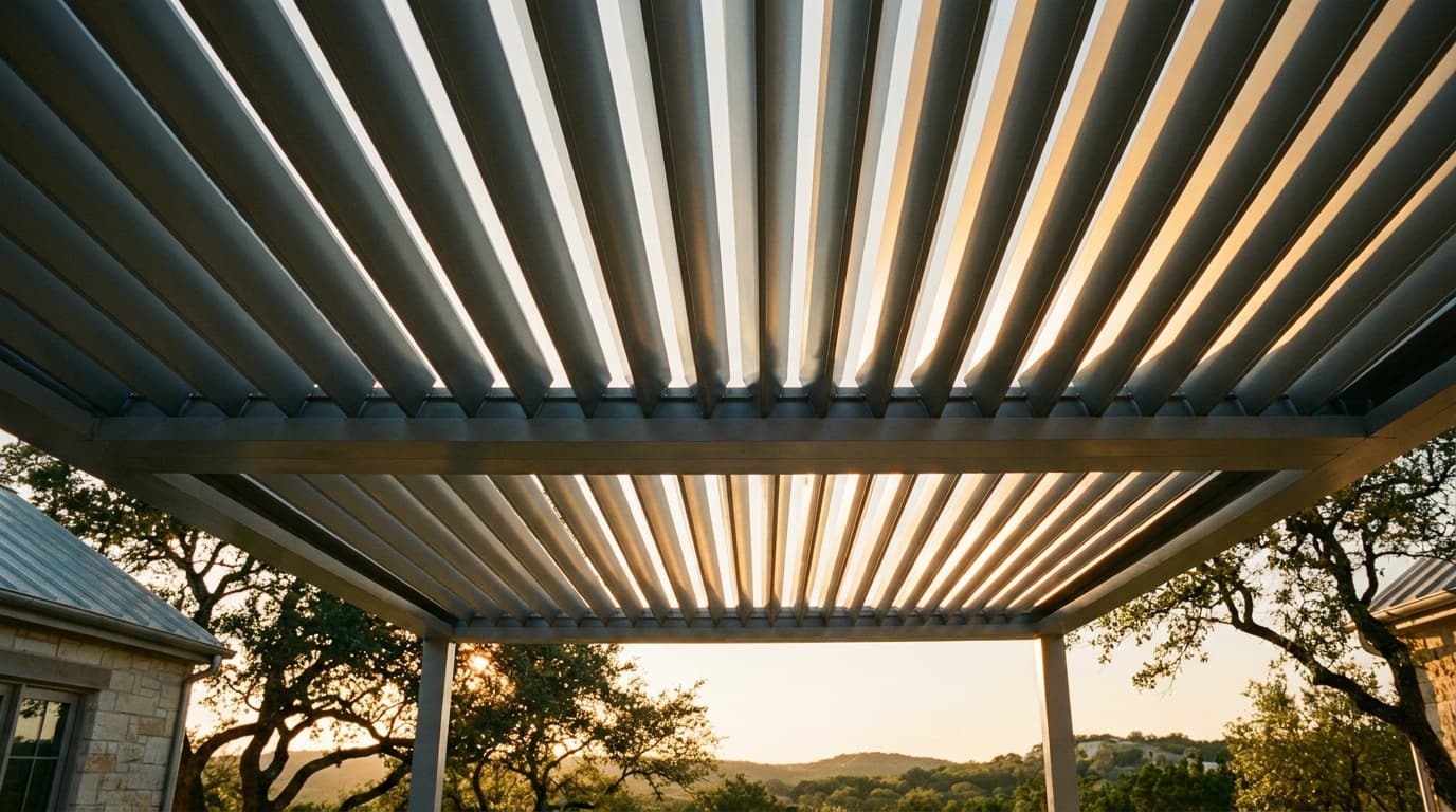 Low-angle close-up of StruXure louvers mid-rotation with sunlight between the blades