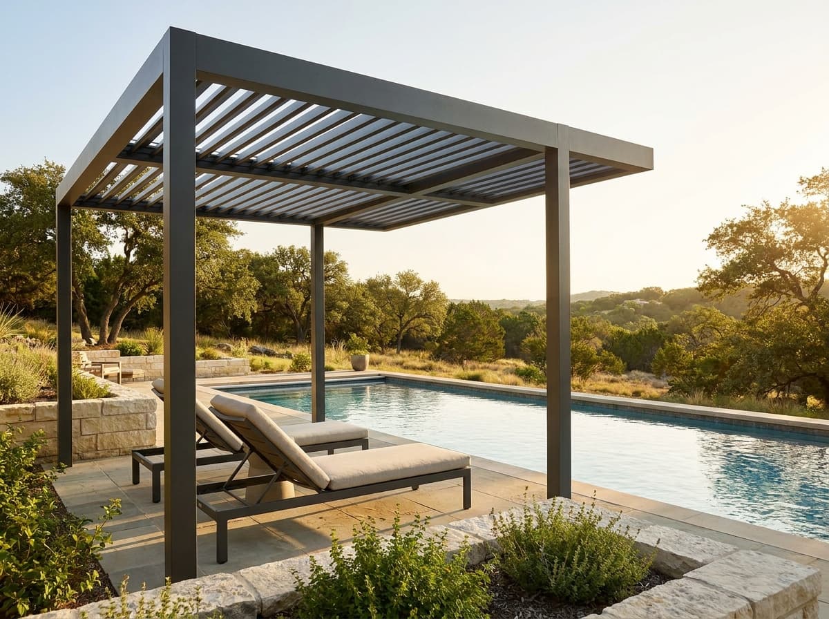 StruXure Pivot 6 pergola shading a poolside lounge