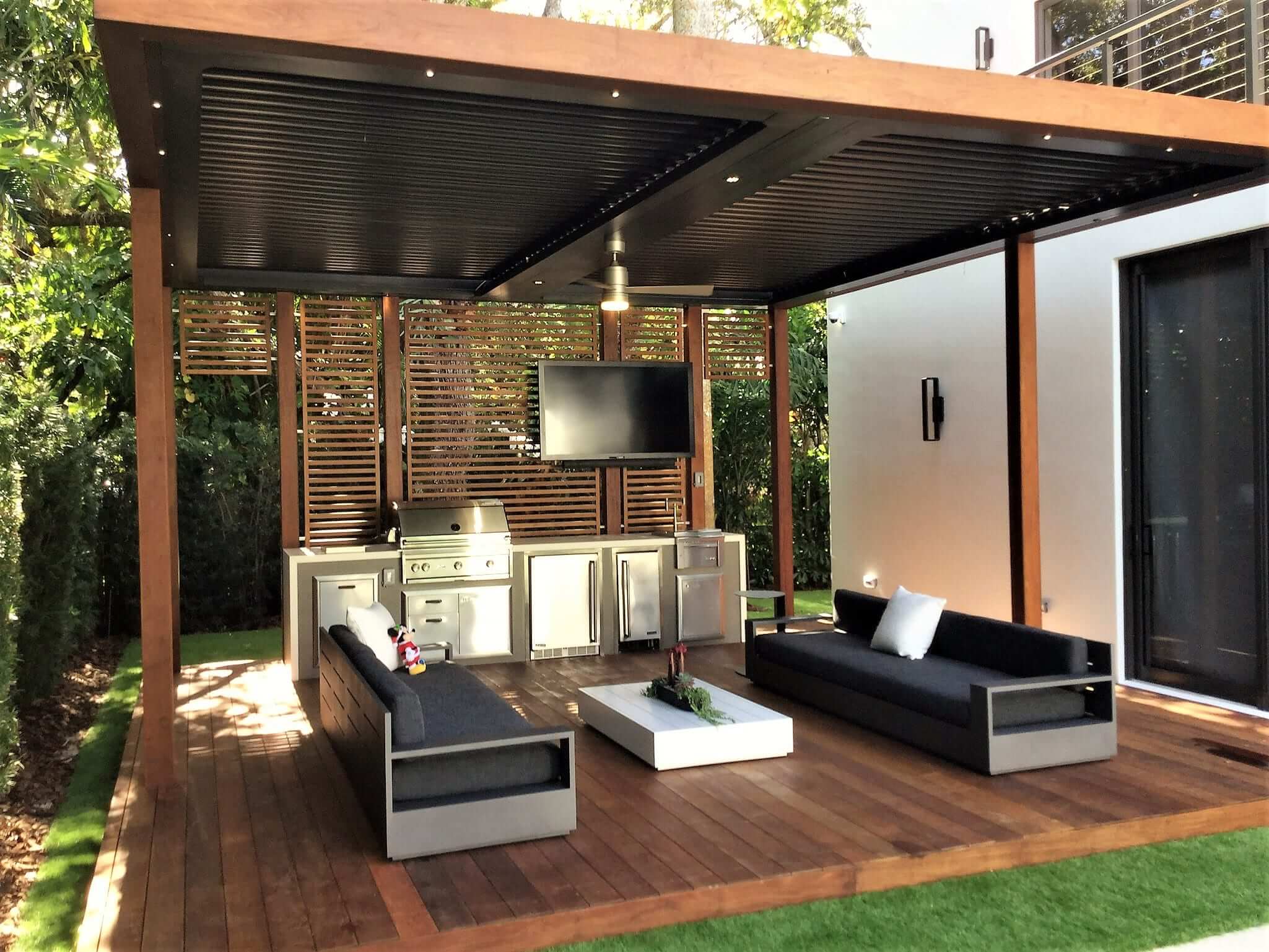 StruXure Pivot 6 motorized pergola with louvers partially open